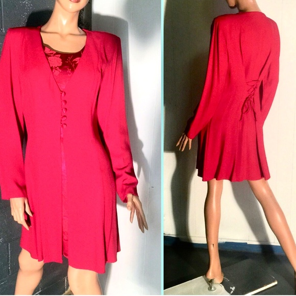 Vtg 80s DAWN JOY Red Mock 2 Pc Lace Up Back Knee Length Tunic Dress~ 7/8 - Picture 5 of 7